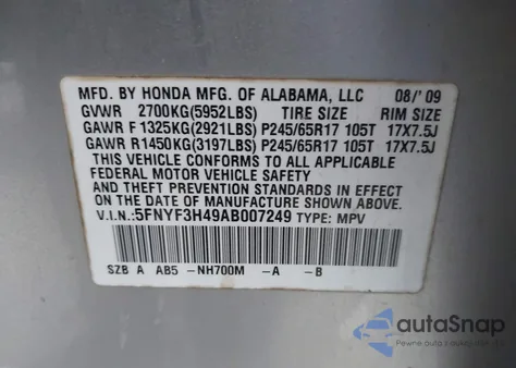 2010 Honda Pilot Ex from USA, damaged, VIN 5FNYF3H49AB007249